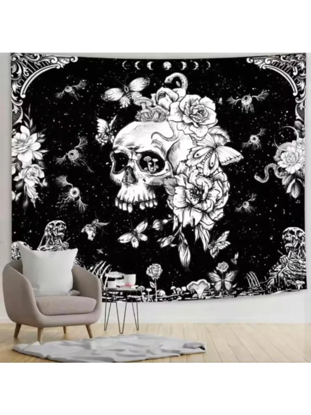 51×60 Inch Black White Gothic Skull Moth Moon Floral Wall Tapestry